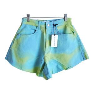 WE WORE WHAT Women's 26 Flare Bell Shorts Frayed Raw Hem Festival Tie Dye Denim